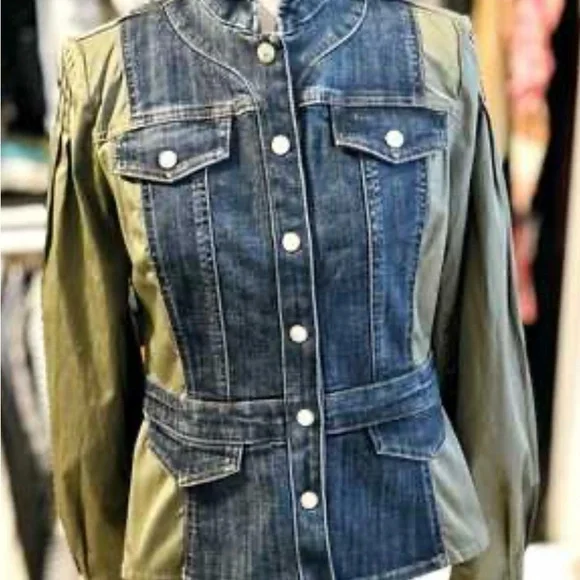 White House Black Market Denim and Olive Jacket - Picture 2 of 5